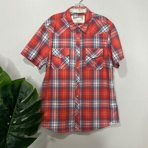 Roebuck & Co • plaid pearl snap casual shirt sleeve button down shirt